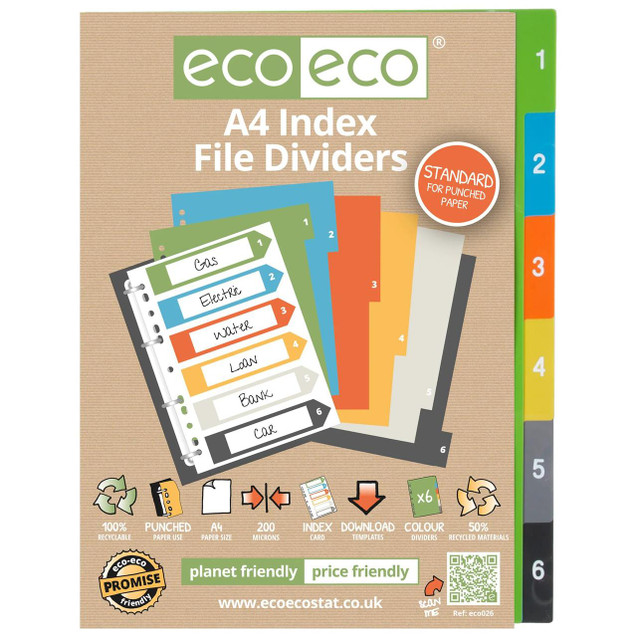 CW Office A4 50% Recycled Set 6 Index File Dividers, colorful printed packaging showcasing six numbered index dividers with labels like Gas, Electric, Water, Low, Bank, and Car, designed for organizing punched paper.