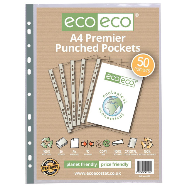 CW Office A4 100% Recycled Bag 50 Premier Multi Punched Pockets, eco-friendly paper storage product with 50 punched pockets in a recycled polyethylene bag.