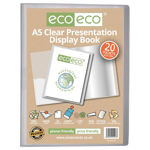 Product CW Office A5 50% Recycled Clear 20 Pocket Presentation Display Book, front view showing the cover with eco-friendly label and icons highlighting features.
