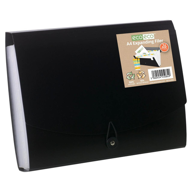 CW Office A4 50% Recycled 26 Pocket Expanding File, black plastic expanding file with a labeled cover displaying eco-friendly icons and product details.