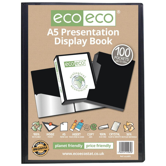 CW Office Eco-Eco A5 50% Recycled 100 Pocket Presentation Display Book and Box, product packaging with branding and features.