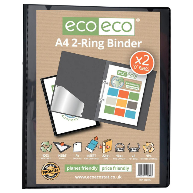 Product CW Office A4 95% Recycled Presentation 2 Ring Binder, eco-friendly A4 recycled paper binder with double rings, showcasing its recyclable and environmentally sustainable features.
