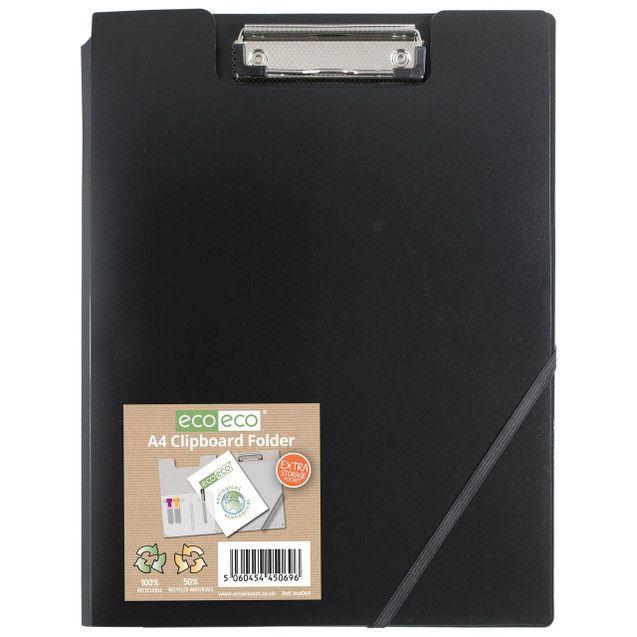 CW Office A4 50% Recycled Clipboard Folder, black clipboard folder with clip and elastic strap for secure document holding.