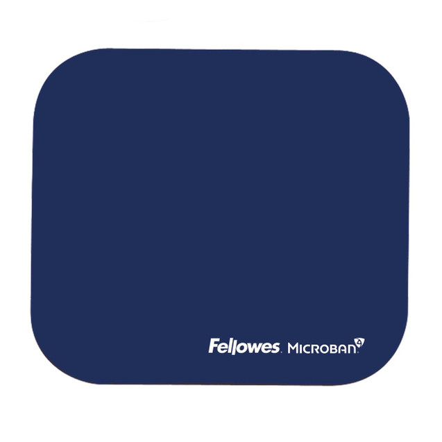 CW Office Mouse Pad With Microban Blue, image of a blue office mouse pad with rounded edges and the Fellowes Microban logo at the bottom right corner.