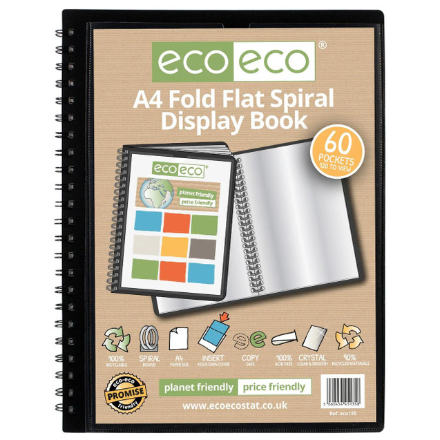 CW Office A4 50% recycled 60 pocket Fold Flat Spiral display book, front view showing the cover design with branding, product features, and sample pages.