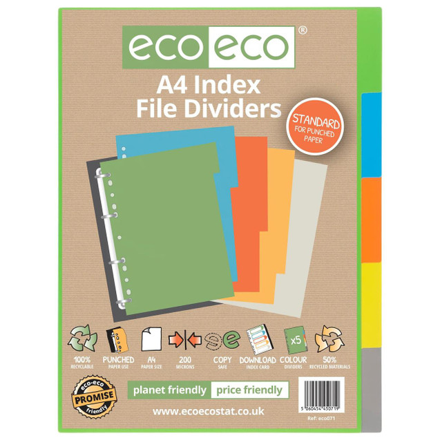 CW Office A4 50% Recycled Set 5 Index File Dividers, colorful index dividers set with five colors in a packaging box.