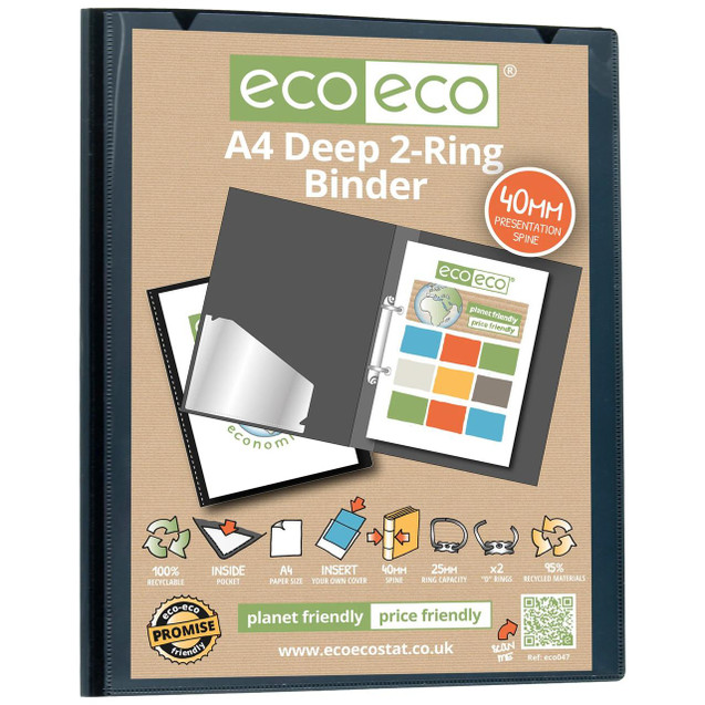 CW Office A4 95% Recycled Presentation Deep Ring Binder, eco-friendly black binder with thick construction and 2-ring binding for organization and presentation.