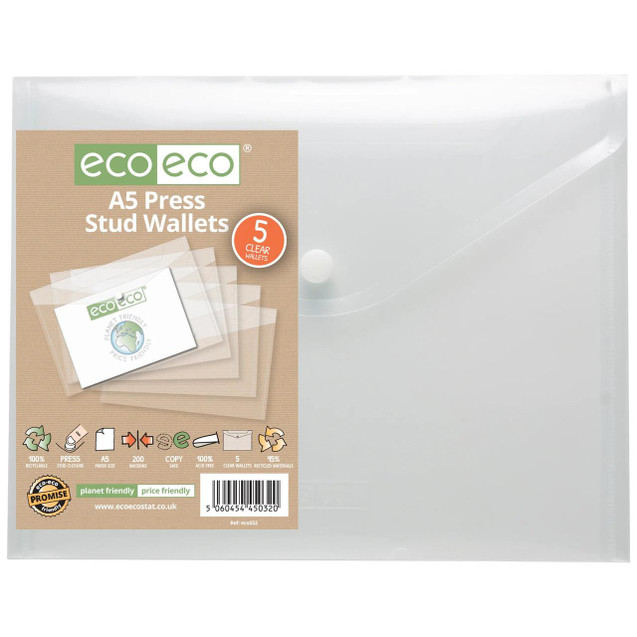 CW Office Pack 5 A5 95% Recycled Press Stud Wallets, transparent wallets made from recycled materials for organizing documents and cards.