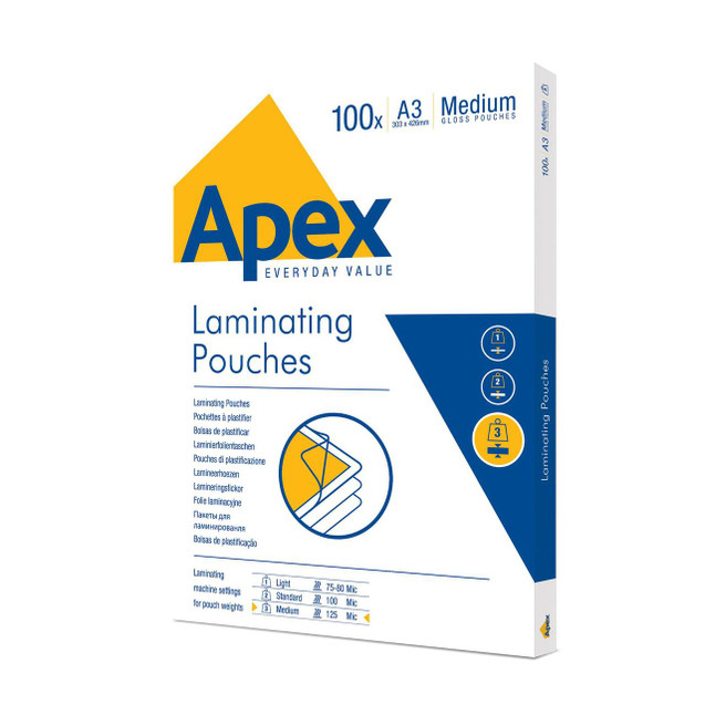 CW Office Apex Laminating Pouch A3 Medium Duty 100pk, product packaging for medium duty A3 laminating pouches with 100 sheets in a box.