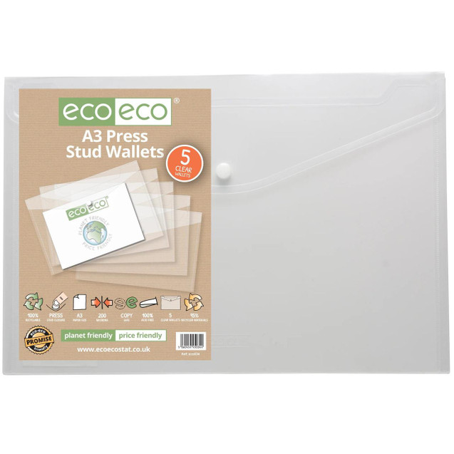CW Office Pack 5 A3 95% Recycled Press Stud Wallets, transparent wallets with press stud closures for A3 paper, eco-friendly and recyclable, designed for organization and storage.