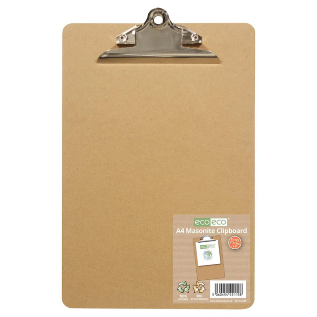 CW Office A4 Masonite Clipboard, a brown A4-sized Masonite clipboard with a silver clip for holding papers.