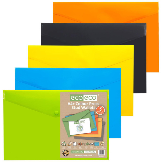 CW Office Pack 5 A4+ 50% Recycled Colour Press Stud Wallets, colorful assorted press stud wallets in orange, black, yellow, blue, and green, made from eco-friendly recycled materials, with packaging in the foreground.
