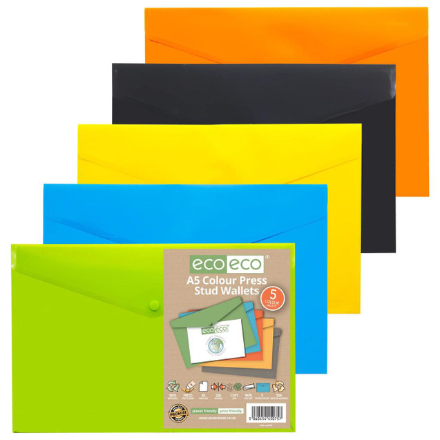 Product CW Office Pack 5 A5 50% Recycled Colour Press Stud Wallets, colorful A5 wallets in orange, black, yellow, blue, and green with press studs.