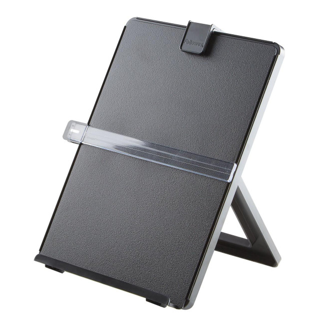 CW Office Workstation Document Holder, desk organizer with a textured surface and a transparent elastic strap for holding documents upright.