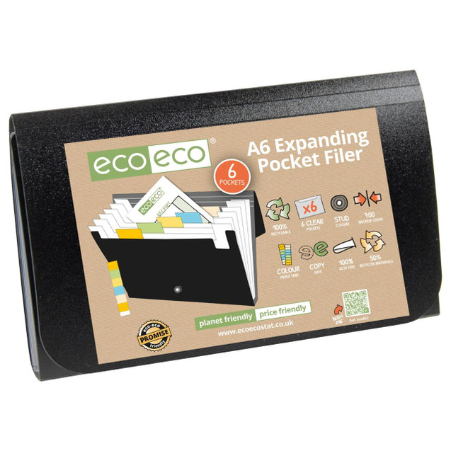 CW Office A6 50% Recycled 6 Pocket Expanding File, black permanent folder with product label showcasing features and eco-friendly attributes.