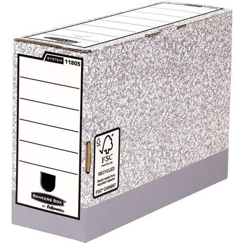 CW Office System 120mm Folio Transfer File Grey FSC Pack of 10, a grey office transfer file box with labeled sections for organizing documents and FSC certification logo.