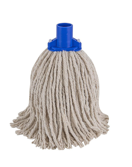 CW Office PY Yarn RS1 Socket Mop 12 J Blue, cleaning mop with a blue socket and draped white yarn strands for floor cleaning.
