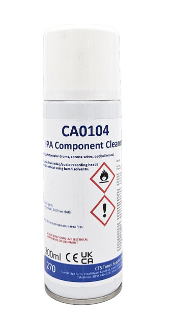 CW Office IPA Component Cleaner 200ml Aerosol, white cylindrical spray can with directional straw inserts, safety warnings, and product information on the label.