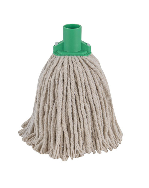 CW Office PY Yarn RS1 Socket Mop 12 J Green, a mop with a green plastic socket and beige yarn strands for cleaning.