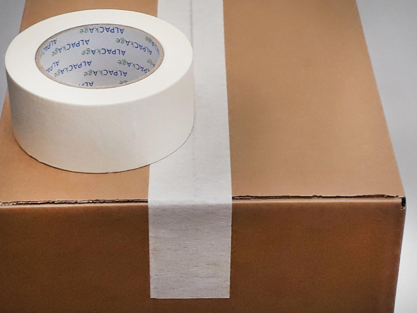 CW Office Pk 6 Masking Tape, white 50mm x 50m tape on brown packaging box.