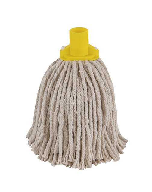 CW Office PY Yarn RS1 Socket Mop 12 J Yellow, image of a mop with a yellow plastic socket and white yarn strands for cleaning.