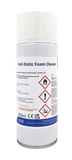 CW Office Foam Cleaner 400ml Aerosol, white cylindrical spray can with anti-static foam cleaner label and hazard symbols for flammable, irritant, and environmental hazard.