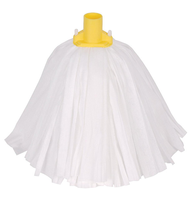 CW Office Socket Mop Head Big White T1D Standard PB Yellow, a large white mop head with a yellow attachment connector for commercial cleaning.