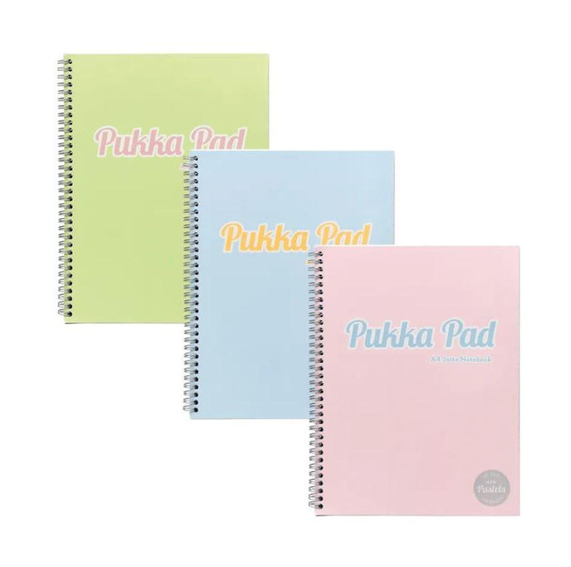 CW Office Pukka A4+ Pastel Jotta Notepad PK3, set of three pastel-colored spiral notebooks in green, blue, and pink with 'Pukka Pad' branding