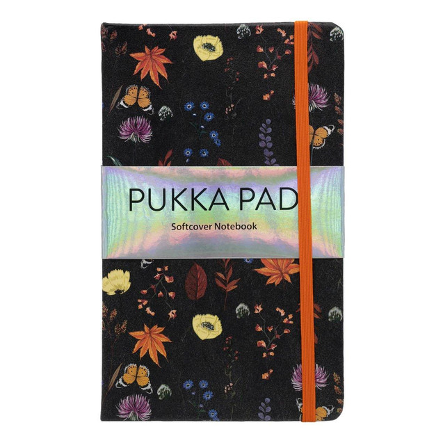 CW Office Pukka Bloom Softcover Pad Black, pack of 3, featuring a floral and butterfly design with an orange elastic band.