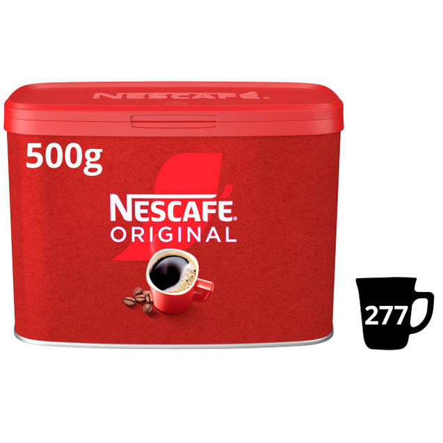 CW Office 1x Single Tin Nescafe Original Granules 500g, red rectangular tin container with Nescafe branding and a coffee cup illustration.