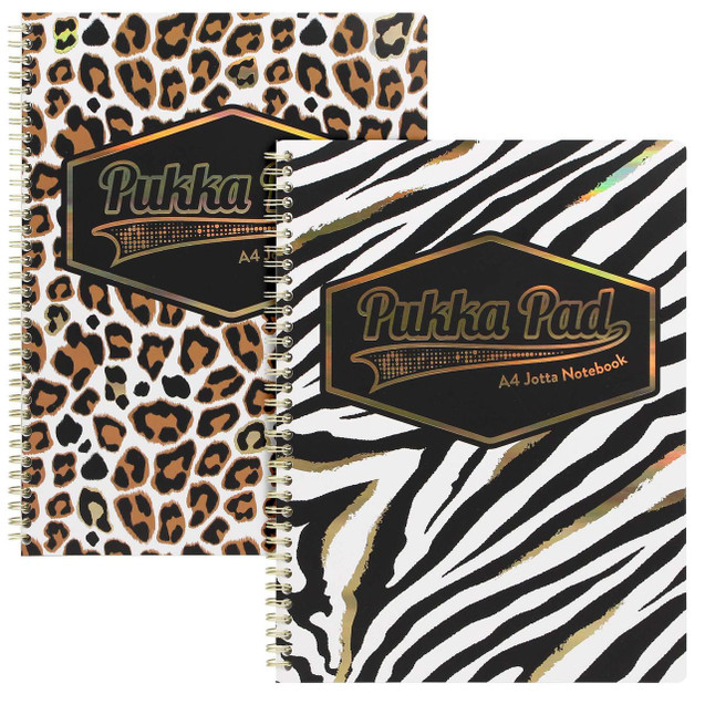 Product CW Office Pukka Pad Wild A4+ Jotta Book (2) Assorted, two notebooks with animal print covers featuring leopard and zebra patterns.