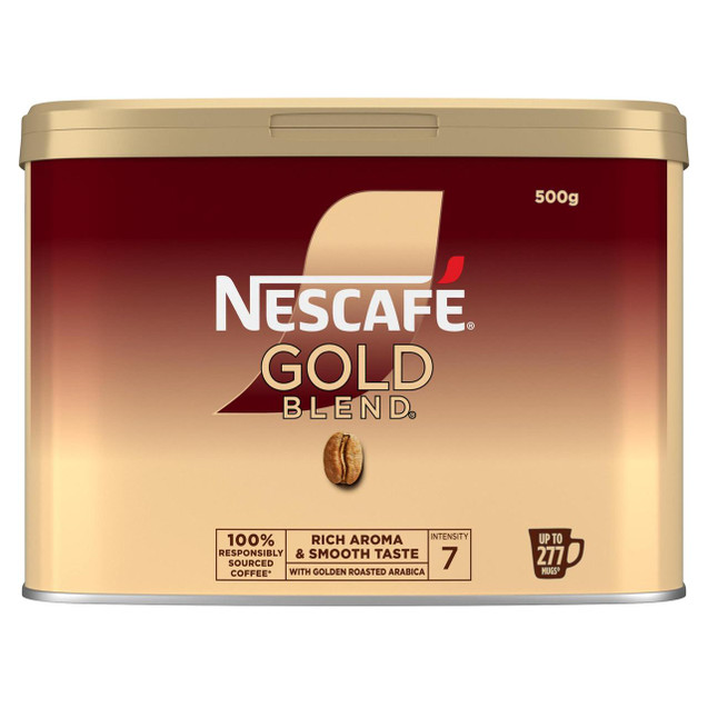CW Office x6 Tin Nescafe Gold Blend 500g, a beige and red coffee tin with the Nescafe logo, gold blend label, and coffee bean image.
