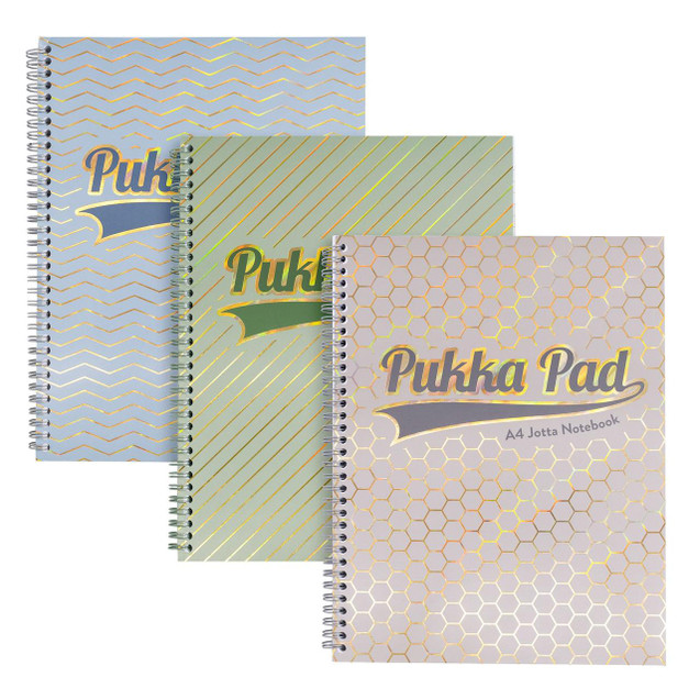 CW Office Pukka Pad Haze Jotta Notepad, three assorted A4+ wirebound notebooks with 200 pages and 80GSM ruled sheets, featuring holographic patterned covers with geometric, diagonal stripe, and honeycomb designs.