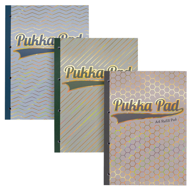 CW Office Pukka Pad Haze A4 Refill Pad 300 Pages, assorted sidebound refill pads with 4-hole punched pages, featuring holographic patterned covers with gold accents and margins for note-taking.