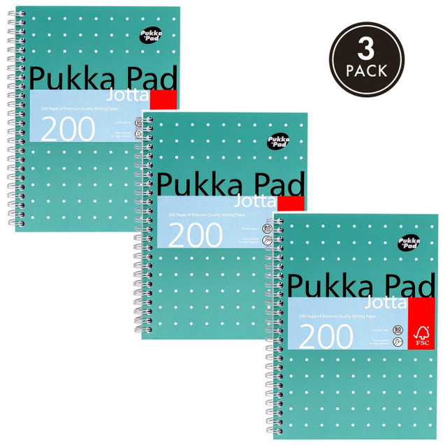 CW Office Pukka Pad Metallic Jotta A5 Wirebound Hardcover Notepad Pack of 3, image of three teal-colored wirebound hardcover notebooks with dotted pattern and label highlighting 200 ruled sheets in each.