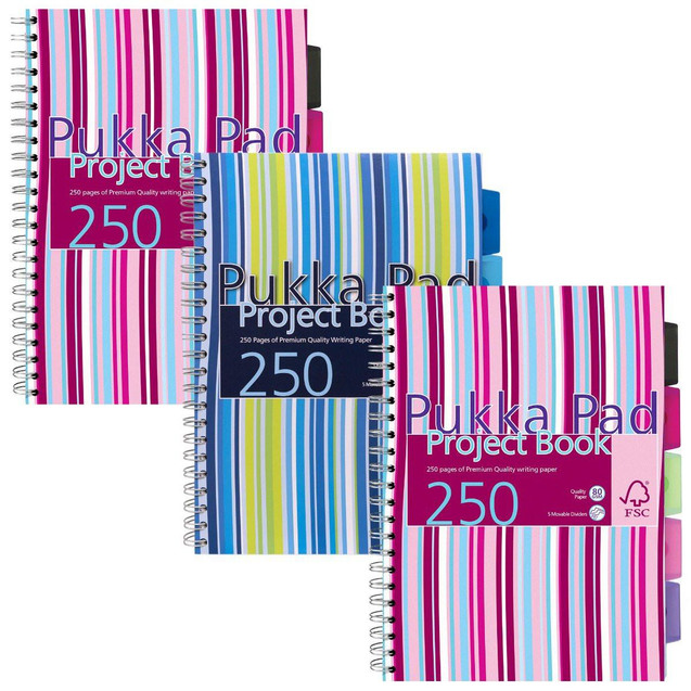 CW Office Pukka Pad Stripes Polypropylene Project Book 250 Pages A4 Blue/Pink Pack of 3, showing three colorful striped project books with spiral binding and colored dividers.