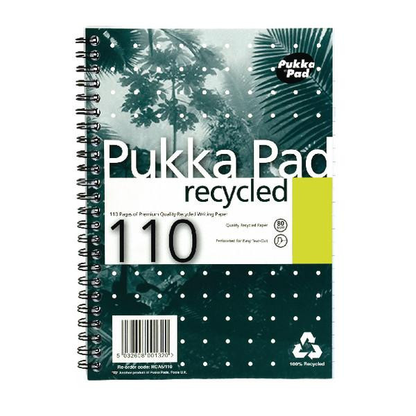 CW Office Pukka A5 Recycled Wirebound Notebook PK3, front view of the eco-friendly notebook with spiral binding and a green cover design with white polka dots and leaf patterns.