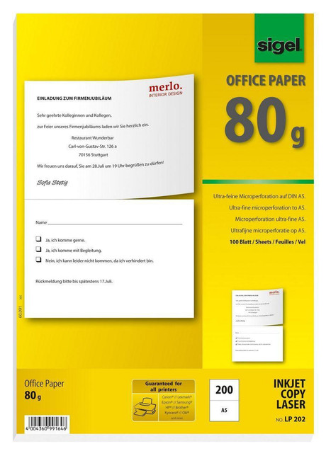 CW Office Sigel Special Microperforated Multipurpose Office Paper A5/A4 80GSM 100 A4 Sheets, yellow packaging with green and black logo, featuring sample document and product details.
