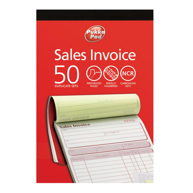 CW Office Pukka Pad Sales Invoice Duplicate Book 137 x 203mm, with red cover displaying product details and an image of the invoice pages inside.