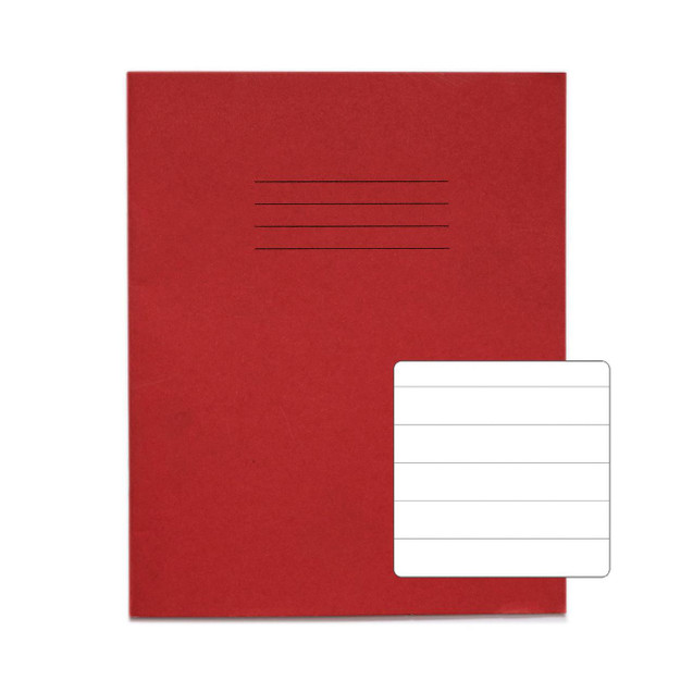 CW Office RHINO 8 x 6.5 Exercise Book 48 Page Red F15, pack of 100, featuring a red cover with black lined spaces for writing.