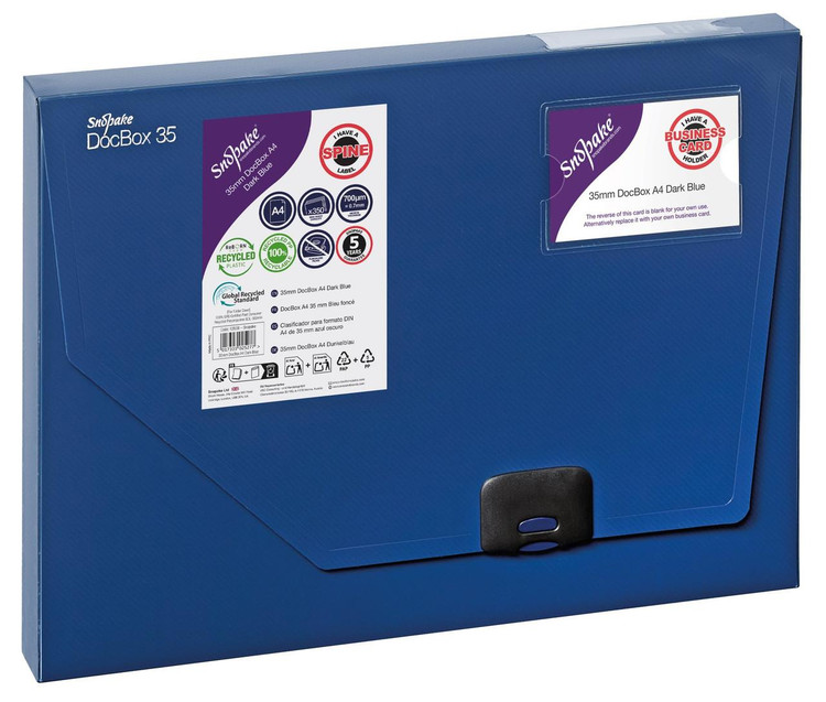 Product CW Office DocBox 35 A4 Dark Blue, A4 sized dark blue document storage box with a transparent label holder on the front.