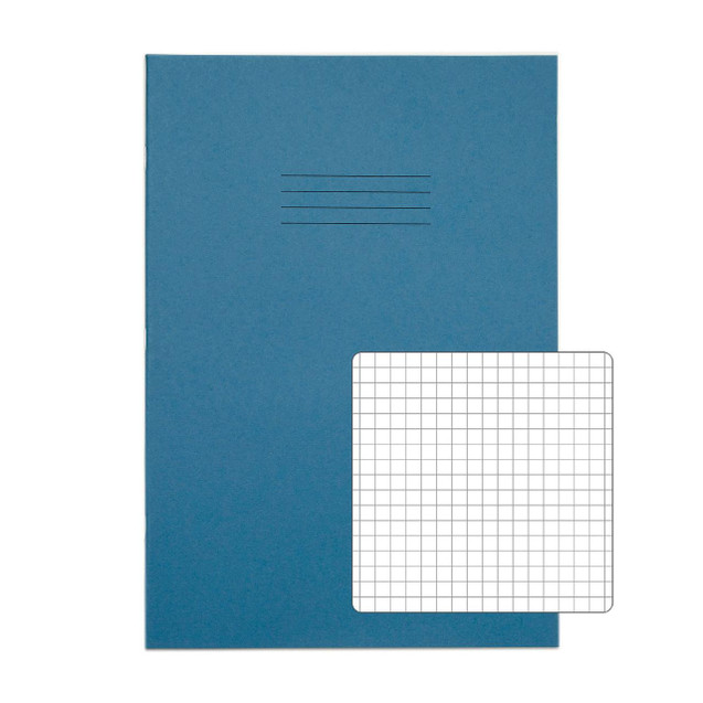 CW Office RHINO A4 Exercise Book 64 Page Light Blue S5, pack of 50, featuring a blue cover with lines for labeling and a separate grid paper sheet.