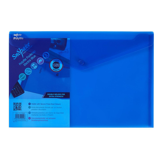 CW Office Polyfile Foolscap Electra Blue - 5 Files, product image showing a blue plastic folder for organizing documents with secure press-stud closure and double welded edges for extra strength.