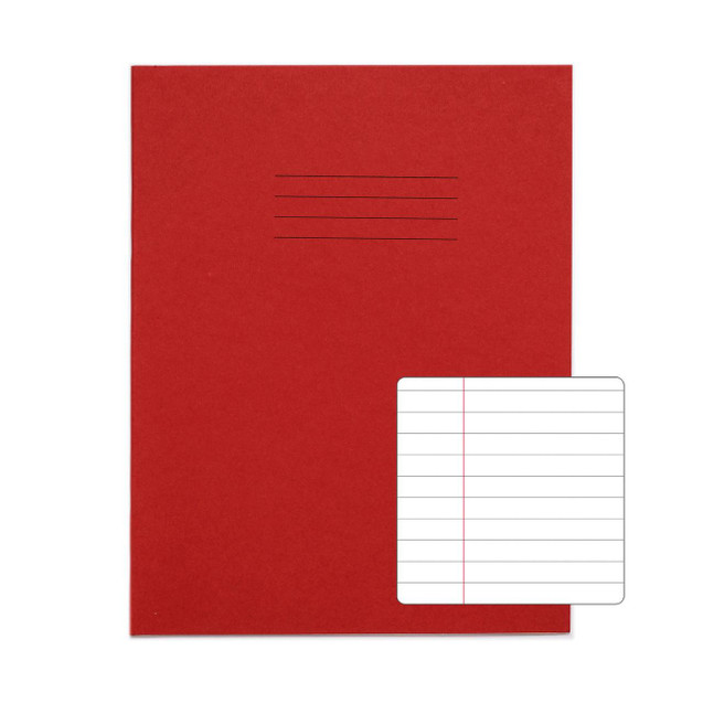 CW Office RHINO 9 x 7 Exercise Book 80 Page Red F8M, pack of 100, showing a red exercise book with lined pages for writing practice.