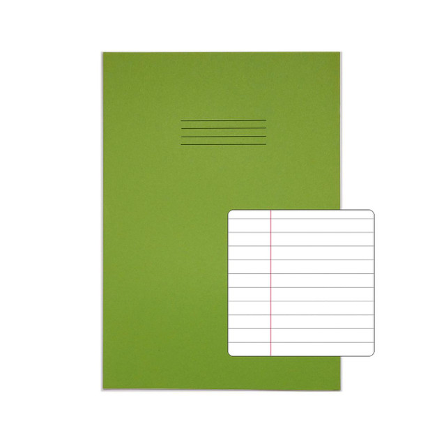 Product CW Office RHINO 13 x 9 Oversized Exercise Book 48 Page Light Green F8M (Pack of 10), front view of a light green exercise book with a small inset showing the lined page.