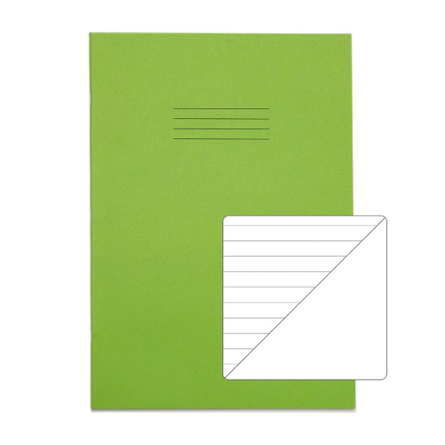 CW Office RHINO A4 Exercise Book 64 Page Light Green F8/B, pack of 50, with front cover and lined pages inside