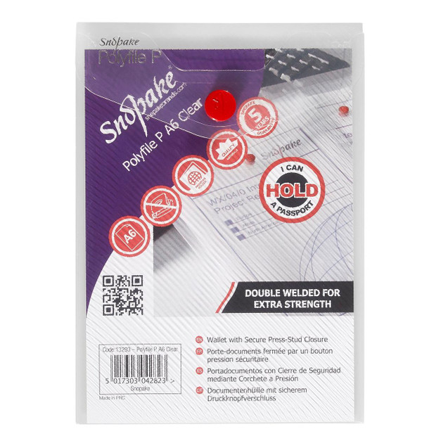 CW Office Polyfile P A6 Clear, set of five transparent document files with secure press-stud closures for organizing papers.