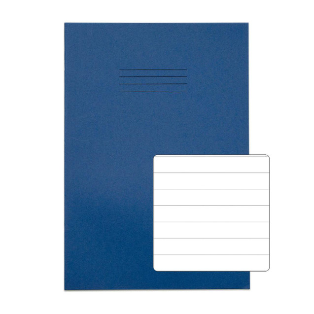 CW Office RHINO A4 Exercise Book 48 page Dark Blue F12 Pack of 100, showing a dark blue exercise book with a plain cover and a white label for writing notes.