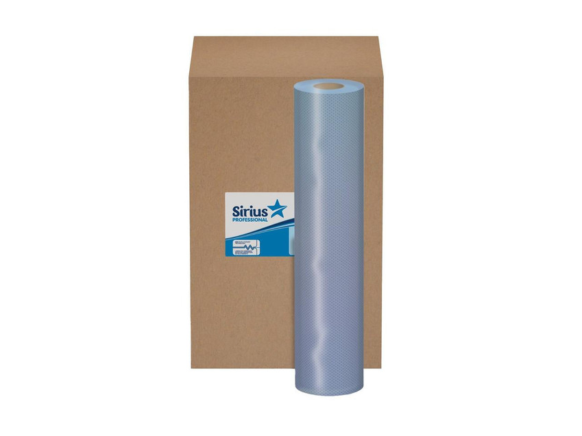CW Office 2 ply Blue Hygiene Rolls, an image of a single roll of blue hygiene paper next to its brown packaging box.