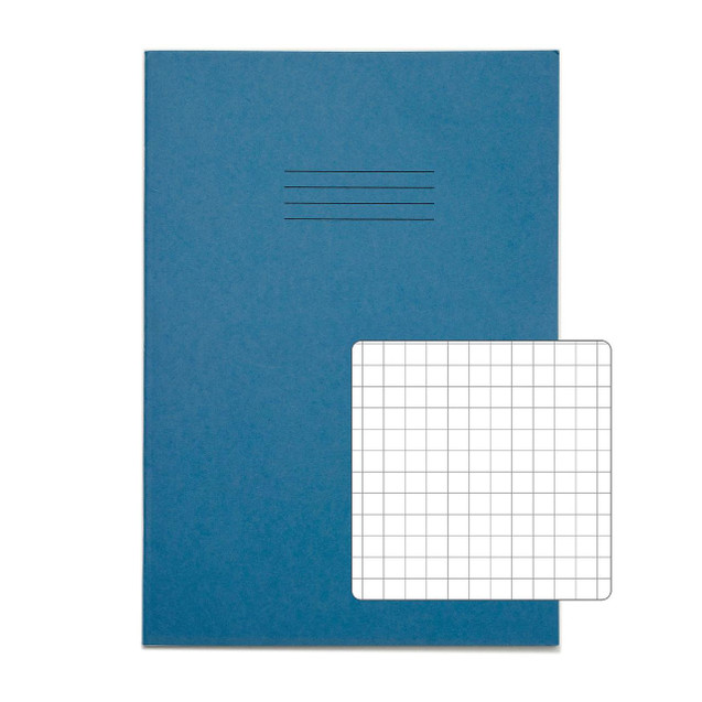 CW Office RHINO A4 Exercise Book 80 Page Light Blue S7, pack of 10, featuring a blue cover with lines for labeling and grid pages visible on the side.